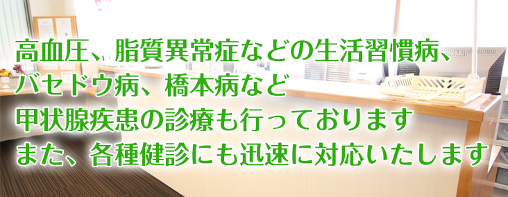 高血圧、脂質異常症などの生活習慣病、バセドウ秒、橋本病、など甲状腺疾患の診療も行っております また、各種検診にも迅速に対応いたします